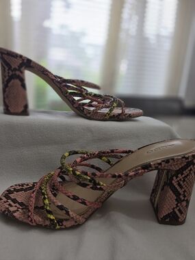 ALDO Pink Snake-Print Strappy Block Heels with Yellow Accents